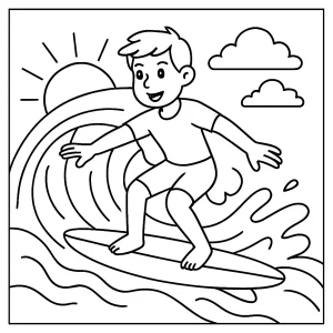 Página para colorear de surfista divertido montando una ola grande, imprimible y gratis para niños.