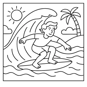 Surfista montando una ola, página para colorear para imprimir gratis