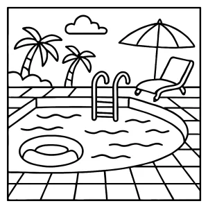Swimming pool coloring page with kids, floaties, and pool toys - free printable coloring page