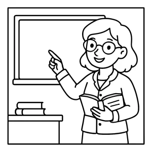 Teacher in classroom coloring page for kids to print and color, featuring a friendly teacher at the blackboard.