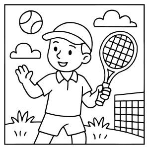 Página para colorear de tenis con jugadores y cancha, ideal para imprimir y pintar gratis