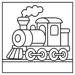 Página para colorear de un tren clásico con locomotora y vagones, lista para imprimir y colorear