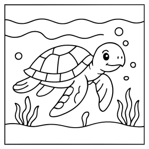 Turtle in ocean coloring page – free printable featuring a happy turtle swimming underwater, suitable for kids and families.