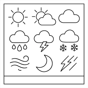 Página para colorear de íconos del clima con dibujos de sol, nubes, lluvia y arcoíris para imprimir gratis