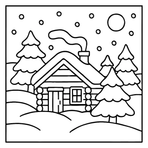 página para colorear de una cabaña de invierno rodeada de nieve y árboles, lista para imprimir