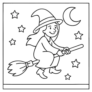 Witch on a broom coloring page – free printable illustration for kids