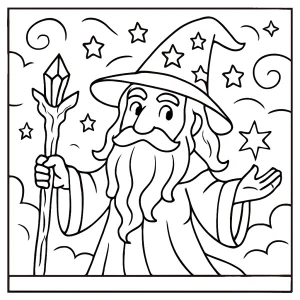 Página para colorear de un mago misterioso con sombrero y varita, lista para imprimir