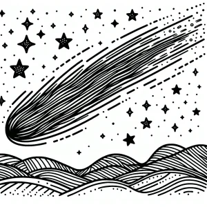 Página para colorear de un cometa surcando un cielo nocturno lleno de estrellas, dibujo gratis para imprimir y pintar.