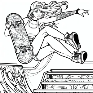 Página para colorear de una niña patinadora realizando un kickflip sobre una rampa con grafitis