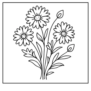 Cornflower whimsical bouquet página para colorear con acianos y detalles florales para imprimir y colorear.