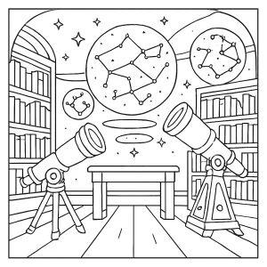 Página para colorear de una biblioteca cósmica con mapas estelares holográficos y telescopios antiguos