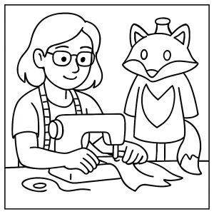 Página para colorear de diseñadora de cosplay cosiendo disfraz de zorro