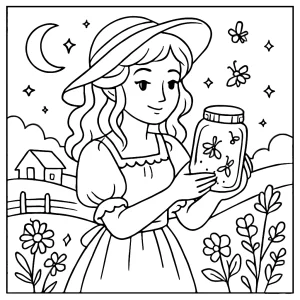 página para colorear de niña cottagecore recolectando luciérnagas en un frasco bajo el cielo nocturno