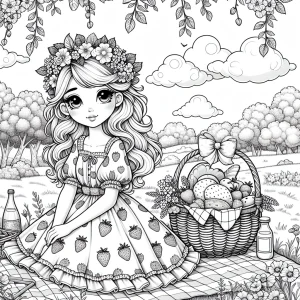 página para colorear de niña con corona de flores y vestido de fresas disfrutando de un picnic cottagecore en un prado soleado