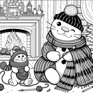 página para colorear de gato tejiendo bufanda para muñeco de nieve junto a la chimenea