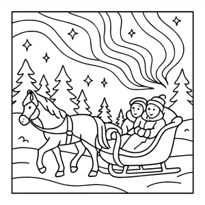 page de coloriage d'une balade en traîneau sous les aurores boréales à imprimer gratuitement