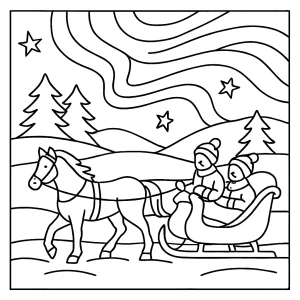 page de coloriage d'une scène cozy de balade en traîneau sous les aurores boréales à imprimer gratuitement
