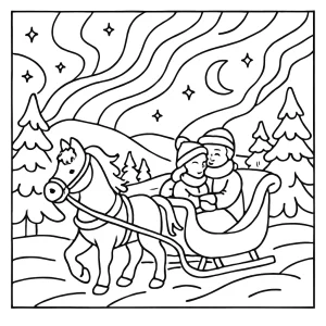 Página para colorear de un acogedor paseo en trineo bajo la aurora boreal, imprimible gratis para niños y familias.