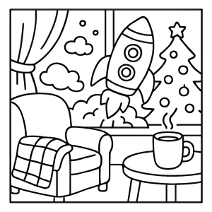 Página para colorear de un cohete de jengibre despegando en un paisaje acogedor, lista para imprimir y colorear.