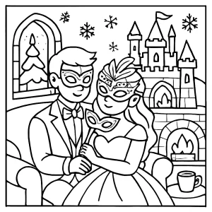 Página para colorear de un baile de máscaras en un castillo de hielo, ideal para imprimir y colorear en casa.