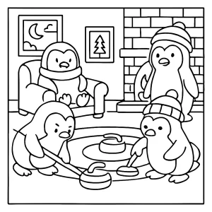 page de coloriage gratuite de pingouins jouant au curling dans une scène hivernale
