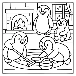 Página para colorear de pingüinos jugando curling en un ambiente acogedor de invierno