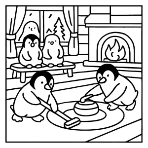 Página para colorear de pingüinos jugando curling en una escena acogedora y divertida