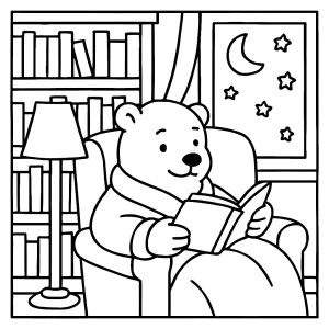 Página para colorear de escena acogedora en una biblioteca polar con animales leyendo por la noche