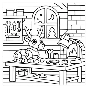 Omalovánka - pohodlná dielňa robotických sobov, detailná coloring page na vytlačenie zdarma pre deti.