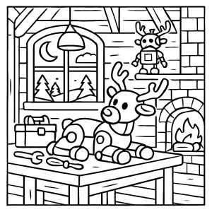 Página para colorear de un taller acogedor con renos robóticos trabajando, ideal para niños