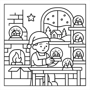 Página para colorear de una fábrica acogedora de bolas de nieve, ideal para imprimir y colorear en familia