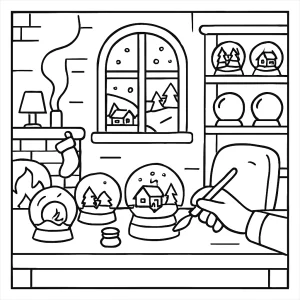 Página para colorear de una fábrica acogedora de bolas de nieve, escena invernal detallada para imprimir y colorear