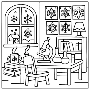 página para colorear de un laboratorio acogedor con copos de nieve y experimentos científicos