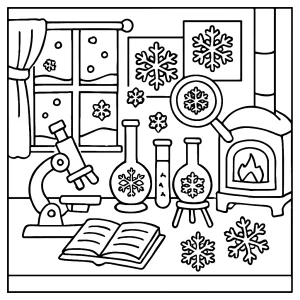 page de coloriage d’un laboratoire scientifique des flocons de neige pour enfants à imprimer gratuitement