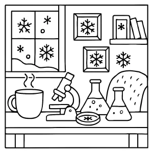 Página para colorear de laboratorio de copos de nieve acogedor con niños y experimentos científicos