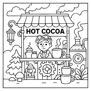 Omalovánka steampunk stánku s horúcou čokoládou – coloring page na vyfarbenie zdarma