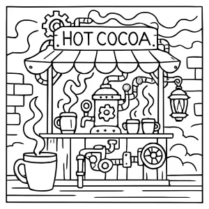 página para colorear de un puesto de cacao caliente steampunk con detalles mecánicos