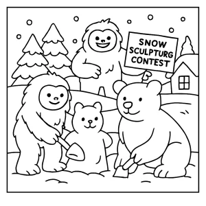 Page de coloriage gratuite montrant des yétis lors d’un concours de sculpture de neige