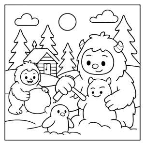 Concours de sculpture sur neige de yétis, page de coloriage gratuite à imprimer pour enfants