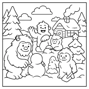 Página para colorear de concurso de yetis haciendo esculturas de nieve, ideal para imprimir gratis