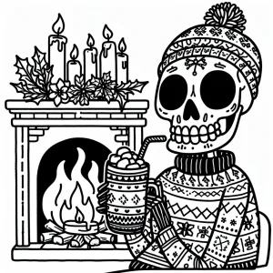 página para colorear de esqueleto acogedor en suéter feo junto a la chimenea, disfrutando chocolate caliente