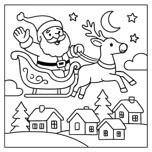 Santa Claus riding his sleigh over a snowy village coloring page, free printable for kids