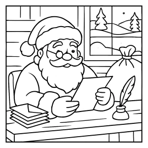 Santa Claus leyendo cartas en su escritorio en el Polo Norte, página para colorear para imprimir