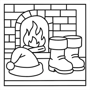 Santa’s boots and hat by a warm hearth coloring page for free printable fun