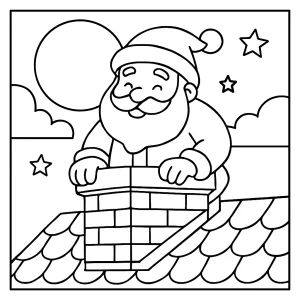 Santa entrando por la chimenea bajo la luna, página para colorear navideña gratis para imprimir