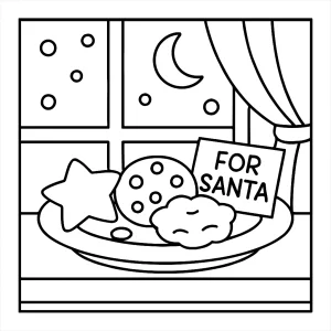 page de coloriage représentant une assiette de biscuits pour le Père Noël sur le rebord d'une fenêtre