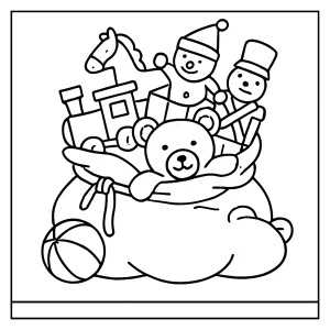 page de coloriage de la hotte du Père Noël débordante de jouets, à imprimer et colorier gratuitement
