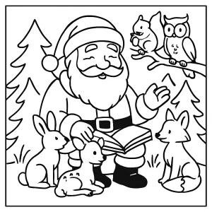 Santa Claus contando una historia a animales del bosque - página para colorear gratis para imprimir