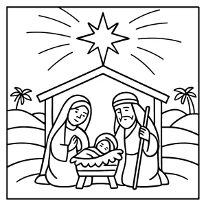 page de coloriage gratuite représentant une étoile de Noël lumineuse au-dessus d'une scène paisible de la Nativité à colorier