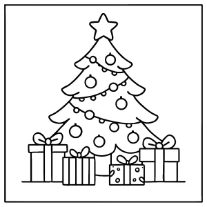 Beautifully decorated Christmas tree with presents underneath coloring page for free printable activities
